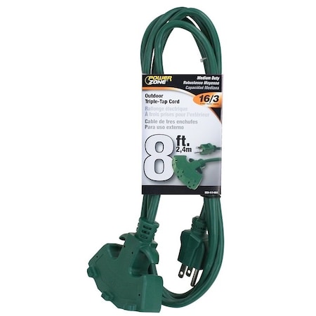 Powerzone SJTW Extension Cord, 16 AWG, Outdoor, 16/3, 3 Outlets, 5-15R, Green, 5-15P, 8 ft ORY605608