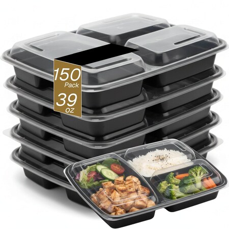 Eco Harmony Products Microwaveable Food Container, Rectangular with Lid, 3 compartments, 39oz, 150PK 804560