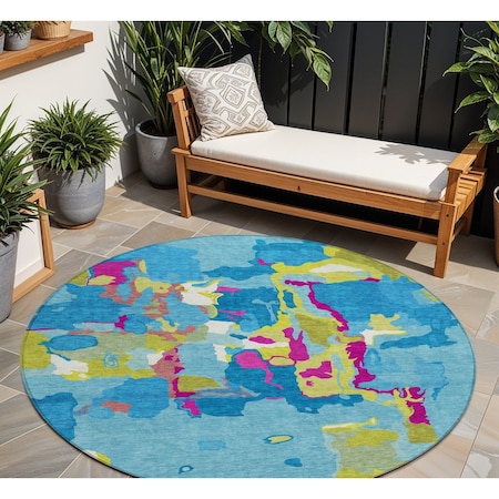Homeroots 8' Aqua Green And Pink Round Abstract Washable Indoor Outdoor Area Rug 599534