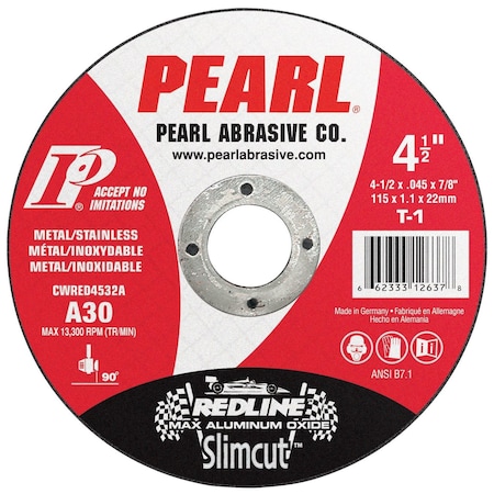 Pearl Abrasive Cut-Off Wheel, Dry, 4 1/2 in Dia, 0.045 in Thick, 7/8 in Arbor Hole Size CWRED4532A