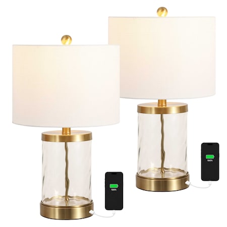 Jonathan Y Alexander 21 in. Modern Designer Metal and Water Glass LED Table Lamp w/USB-A and USB-C Chargin, 2PK JYL4058B-SET2