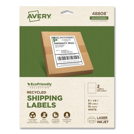 Avery EcoFriendly Recycled Shipping Labels, Inkjet/Laser, 5.5 x 8.5, White, 20PK 48808