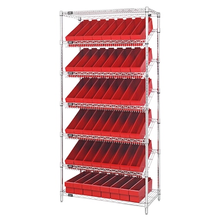 Quantum Storage Systems WIRE SHELVING UNIT W/48 RED BINS WRS-7-604RD