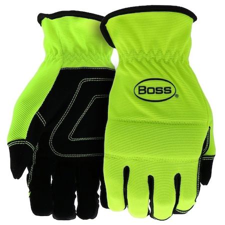 Boss Task Series Mechanic's Gloves, L, Reinforced Thumb, Slip-On Cuff, Synthetic Leather, Hi-Viz Yellow B52121-L