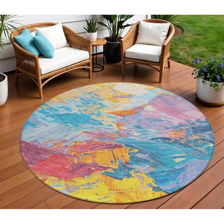 Homeroots 8' Blue Yellow Pink And Orange Round Abstract Washable Indoor Outdoor Area Rug 618534
