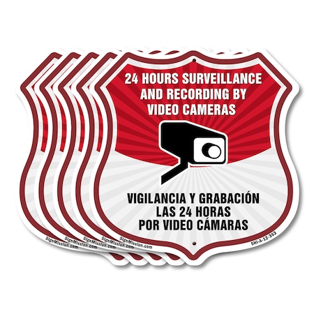 Signmission Bilingual 24 Hour Surveillance Shield Si, 12 inch X 12 inch, Aluminum Metal Sign, 5PK SHI-A-5Pack-12-363