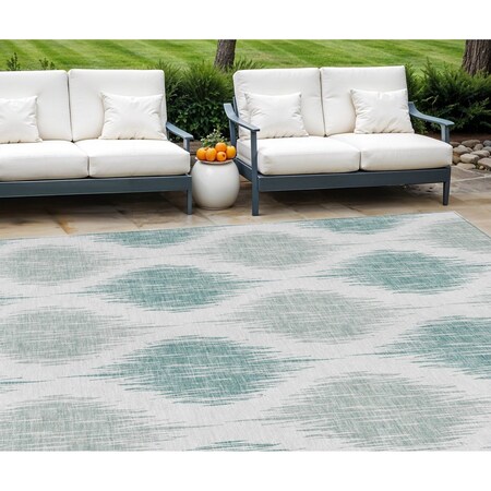 Homeroots 8' X 10' Aqua Teal Blue And Ivory Ikat Washable Indoor Outdoor Area Rug 589071