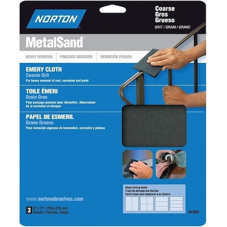 Norton Co MetalSand 076607 Sanding Sheet, 11 in L, 9 in W, Coarse, 80 Grit, Emery Abrasive, Cloth Backing 47835