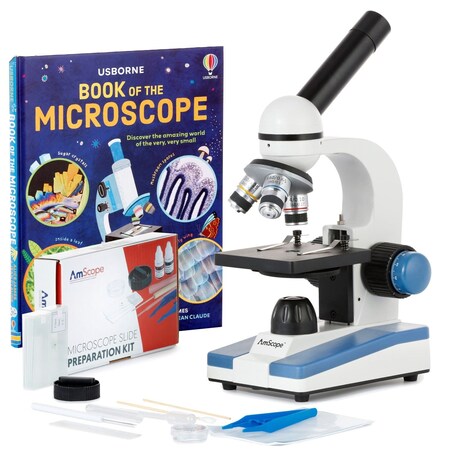 Amscope M150 Portable LED Monocular Student Compound Microscope 40X-1000X w/Slide Preparation Kit + Microsc M150C-SP14-WM