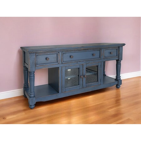 Homeroots 70" Blue Mango Solid Wood Open shelving Distressed TV Stand 528739