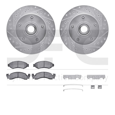 Dynamic Friction Co DFC Brake Rotor - Drilled & Slotted - Silver- Heavy Duty Brake Pad includes Hardware 7412-54005