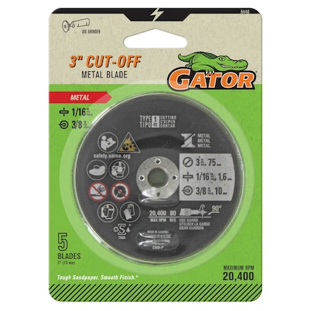 Gator Finishing 3 in. X 1/16 in. X  3/8 in. Metal Cut-Off Blade, Type 1, 5PK 9440GA