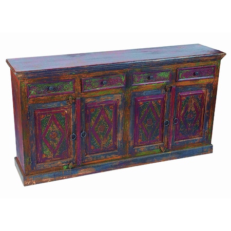 Homeroots 72in Dark Brown and Green Solid Wood Four Drawer Sideboard with Four Doors 488611