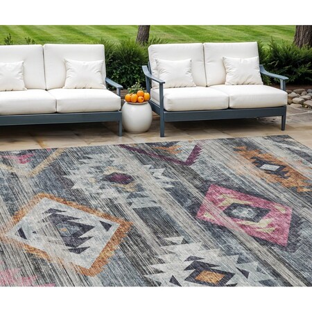 Homeroots 8' X 10' Gray Charcoal And Silver Southwestern Washable Indoor Outdoor Area Rug 588681