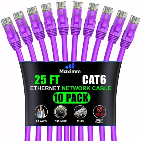 Maximm Cat6 Ethernet Cable 25ft 10Gbps 550MHz UTP, 10PK, Purple, 10PK CAT6-CCA-25FTPURPLE-10PK