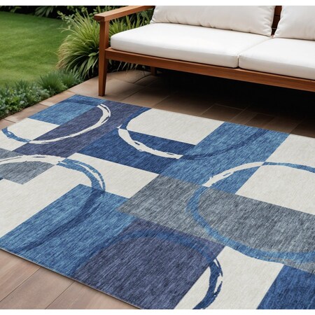 Homeroots 9' X 12' Blue And Ivory Geometric Washable Indoor Outdoor Area Rug 612573