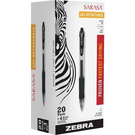Zebra Pen Zebra Sarasa Gel Retractable Pen, Medium 0.7mm, Black Ink, 20/Pack + 4 Bonus Pens 14680