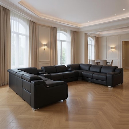 Homeroots Black Italian Leather Power Reclining U Shaped Ten Piece Corner Sectional With Console 632583