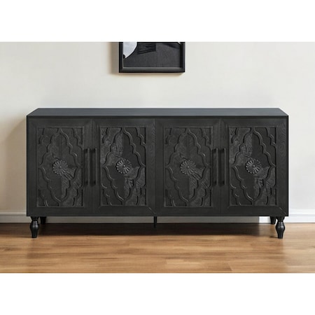 Homeroots 68" Black Distressed Carved Floral Sideboard with Four Doors 568413