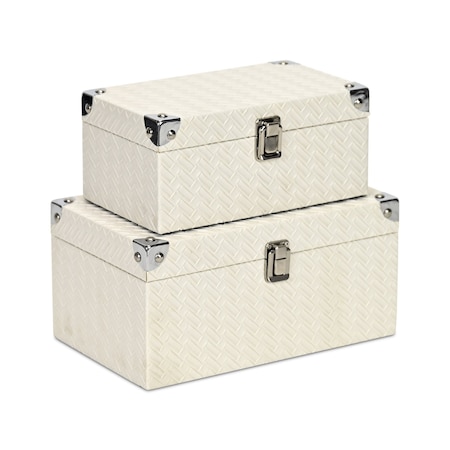 Homeroots Set of Two White Solid Wood And Metal Box With Lid, 2PK 489353