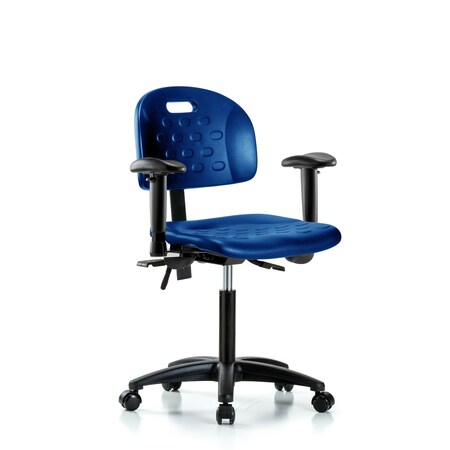 Blue Ridge Ergonomics Poly Chair, Med Bench, Tilt, Arms, Casters, Blue BR-HPMBCH-RG-T1-A1-NF-RC-BLU