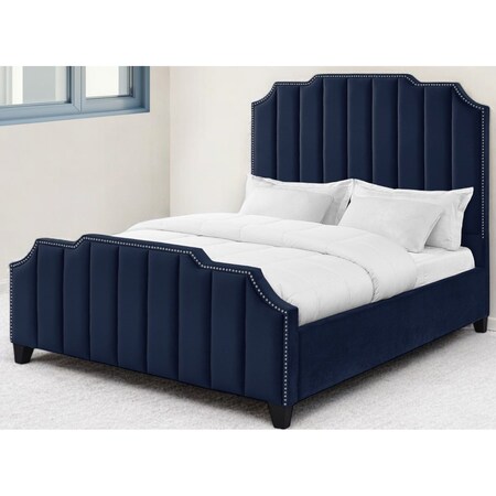 Homeroots Navy Blue Solid Wood Queen Tufted Upholstered Velvet Bed with Nailhead Trim 544922