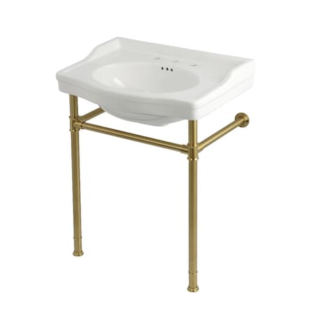 Kingston Brass 30" Ceramic Console Sink with Stainless Steel Legs, 8-Inch, 3-Hole, White/Brushed Brass KVPB30229W387