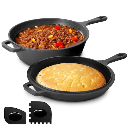 Megachef 10.5 Inch 2-in-1 Pre-Seasoned Cast Iron Skillet and Fry Pan Set MCCI-71001