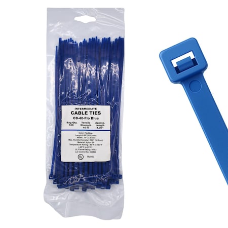 Cable Ties Unlimited Cable Tie, 8 in L, 40 lb Strength, 2.2 in Max Bundle Dia, Nylon 6/6, Fluorescent Blue 100PK C8-40-Flo Blue