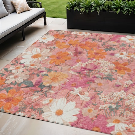 Homeroots 5' X 8' Blush Pink And Orange Floral Washable Indoor Outdoor Area Rug 611187