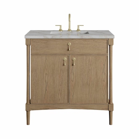 James Martin Vanities Kinnsden 36" Single Vanity, Weathered Oak w/ 3 CM Victorian Silver Silestone Top D680-V36-WTO-3VSL