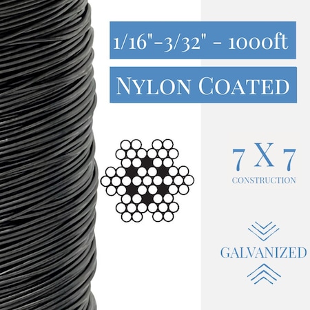 Laureola Industries 1/16 in.-3/32 in. Nylon-6 Coated Black Opaque Galvanized Cable 7x7 Strand Wire Rope, 1000 ft ZAG116332-77-GN6B-1000
