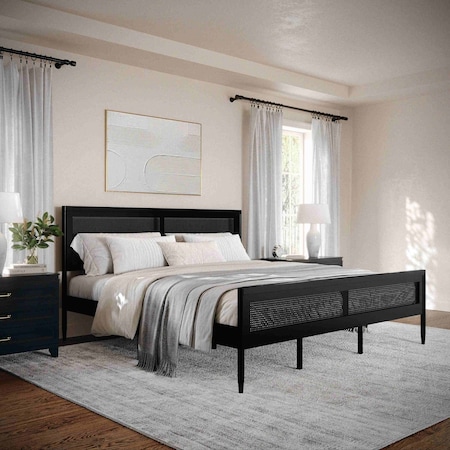 Martha Stewart Jax King Size Solid Wood Platform Bed w/Rattan Headboard and Footboard, No Box Spring Required, Blk MG-090022-K-BK-MS