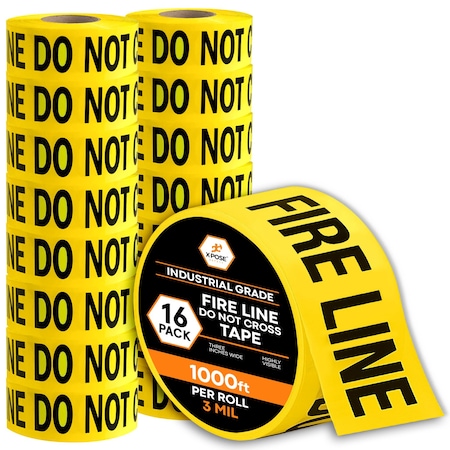 Xpose Safety Fire Line Do Not Cross Tape Roll, 3 Mil, 3 Inch Wide x 1000 Feet, Yellow w/Black Letters, 16PK PFLT-3M-16-X-S