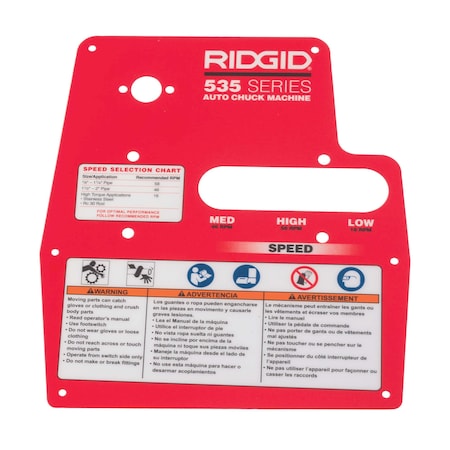 Ridgid Plate, Warning 535A 94207