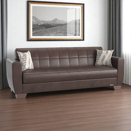 Homeroots 84" Brown Faux Leather Convertible Futon Sleeper Sofa And Toss Pillows With Storage 607116