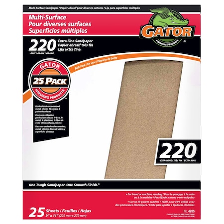 Gator Finishing 9 x 11 in. Multi-Surface Sandpaper, 220 Grit, Extra Fine, 25PK 4205
