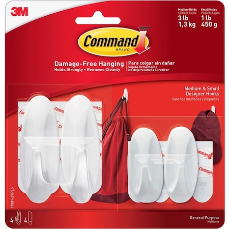 Command Designer Hook, 3 lb, 4Hook, Plastic, White 17081-2VP