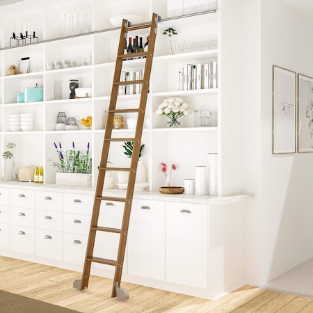 Quiet Glide 8.92 ft. Walnut Contemporary Wheel Satin Nickel Rolling Hook Removable Ladder, 12 ft. Rail QG.540-9WA-12-H.02