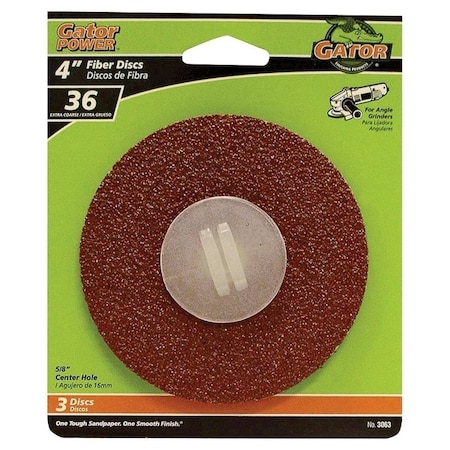 Gator Fiber Disc, 4 in Dia, 36 Grit, Extra Coarse, Aluminum Oxide Abrasive, Fiber Backing 3063