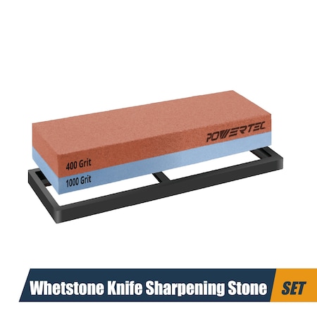 Powertec Whetstone Knife Sharpening Stone, Dual Grit 400/1000 Water Stone with Non-Slip Rubber Base, 1 Set 71915