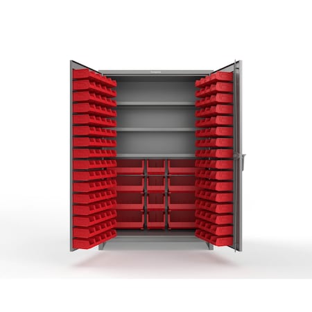 Strong Hold 14 GA Bin Cabinet with 3 Shelves - 48 In W. x 75 In. H x 24 In. D - 156 Red Bins 46-BBS-243-156R-L