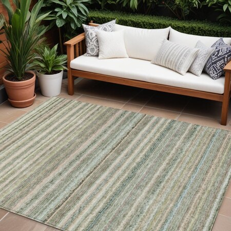 Homeroots 8' X 10' Sage Mint Green And Beige Striped Washable Indoor Outdoor Area Rug 577802