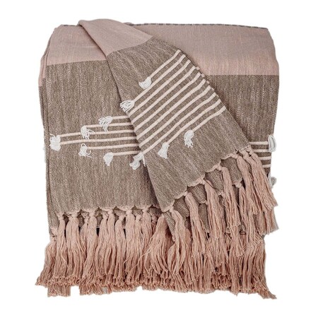 Homeroots 50" X 60" Brown and Tan Woven Cotton Striped Throw Blanket with Fringe and Embroidery 548939