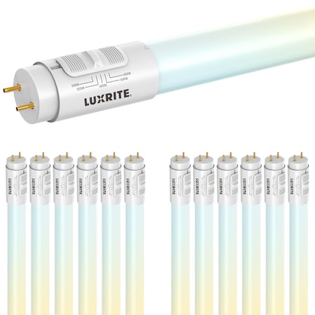 Luxrite 2FT LED Tube Light, T8, 8W=17W, 5CCT 3000K- 6500K, 960LM, 320Deg. Beam Angle, Fluorescent, 12PK LR34241