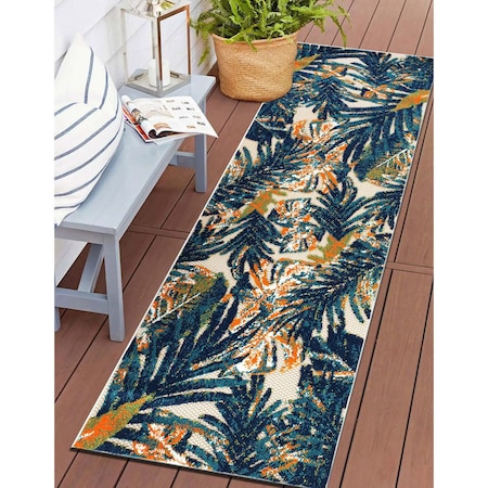 World Rug Gallery Tropical Leaves Indoor/Outdoor Runner Rug 2 ft 7 in x 8 ft Multi 8012MULTI27X8