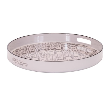 Homeroots 14" Cream And Gray Geometric Pad Print Round Serving Tray With Handles 634499