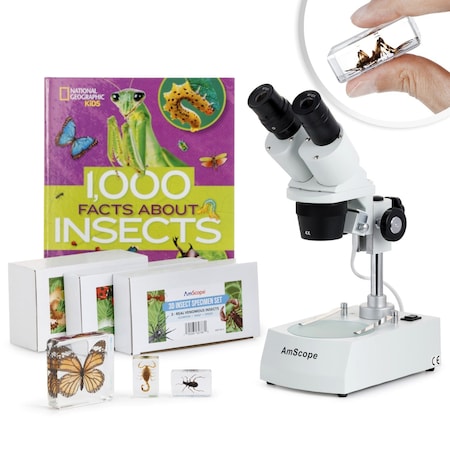 Amscope SE306 Student Stereo Microscope 20X-40X w/Premium 9pc 3D Insect Specimen Kit, Nat Geo Insect Book an SE306R-BKI-INST