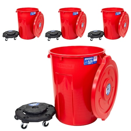 Magnum Tool Red 44 Gallon Trash Can Set, Trash Can, Quiet Dolly, and Reinforced Lid, 4 Set CMTC-CLD0-44R04