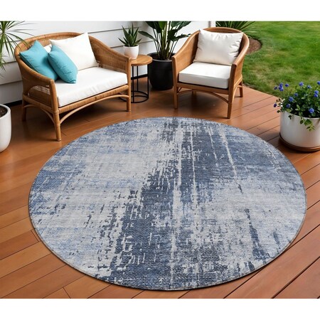 Homeroots 8' Navy Blue And Sky Blue Round Abstract Washable Indoor Outdoor Area Rug 587292